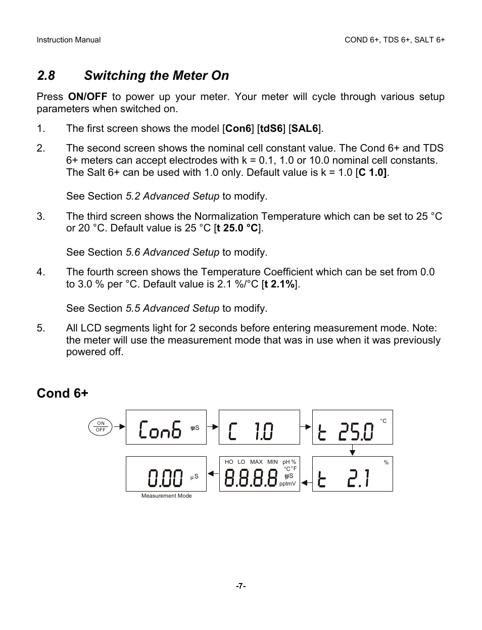 8 switching the meter on, Cond 6 | Thermo Fisher Scientific Eutech COND/TDS/Salt 6 Plus User Manual | Page 12 / 40