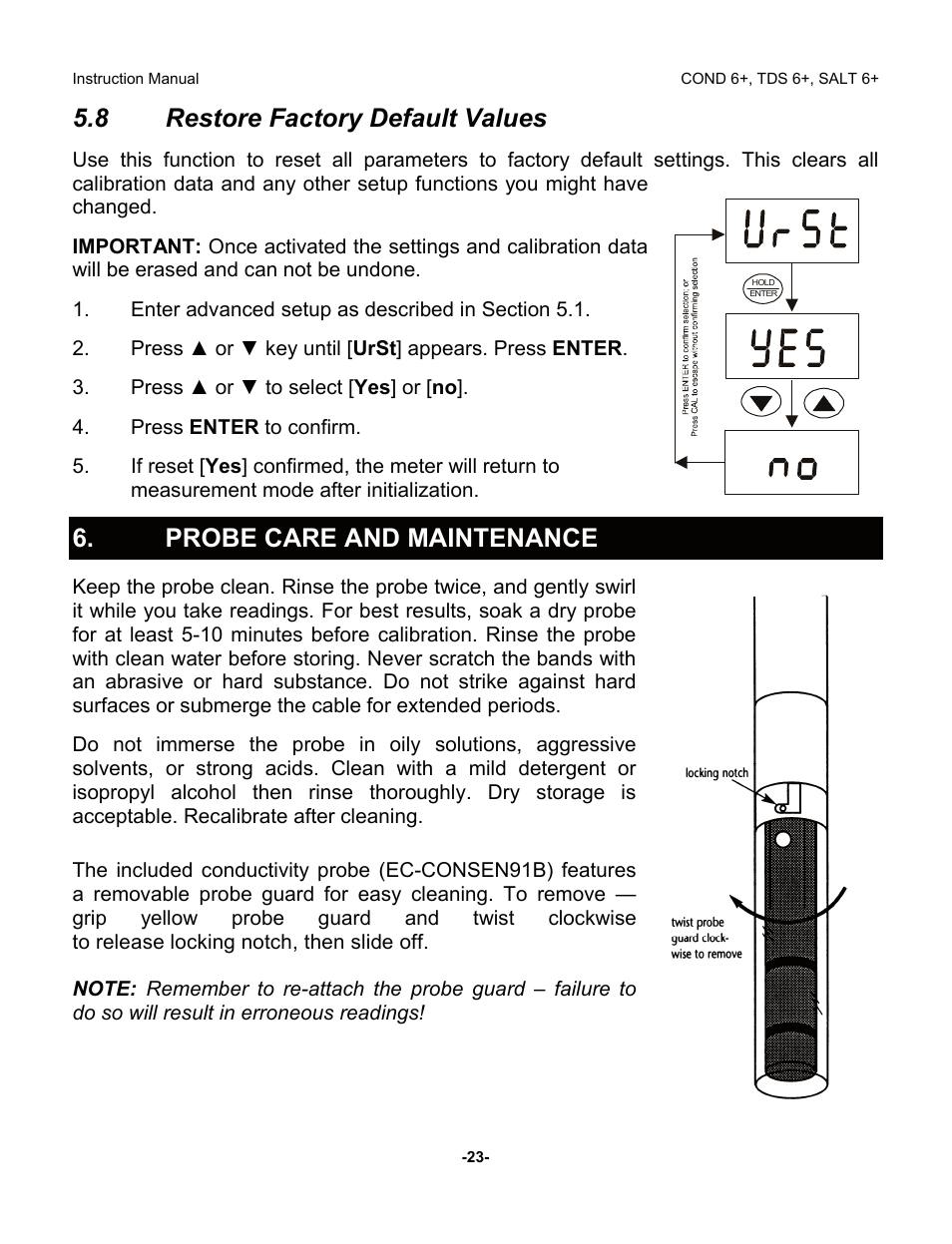 8 restore factory default values, Probe care and maintenance | Thermo Fisher Scientific Eutech COND/TDS/Salt 6 Plus User Manual | Page 28 / 40
