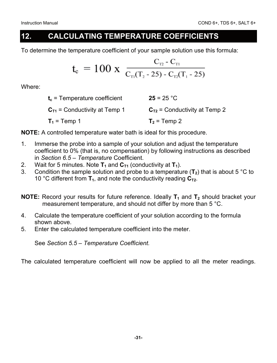 Calculating temperature coefficients | Thermo Fisher Scientific Eutech COND/TDS/Salt 6 Plus User Manual | Page 36 / 40