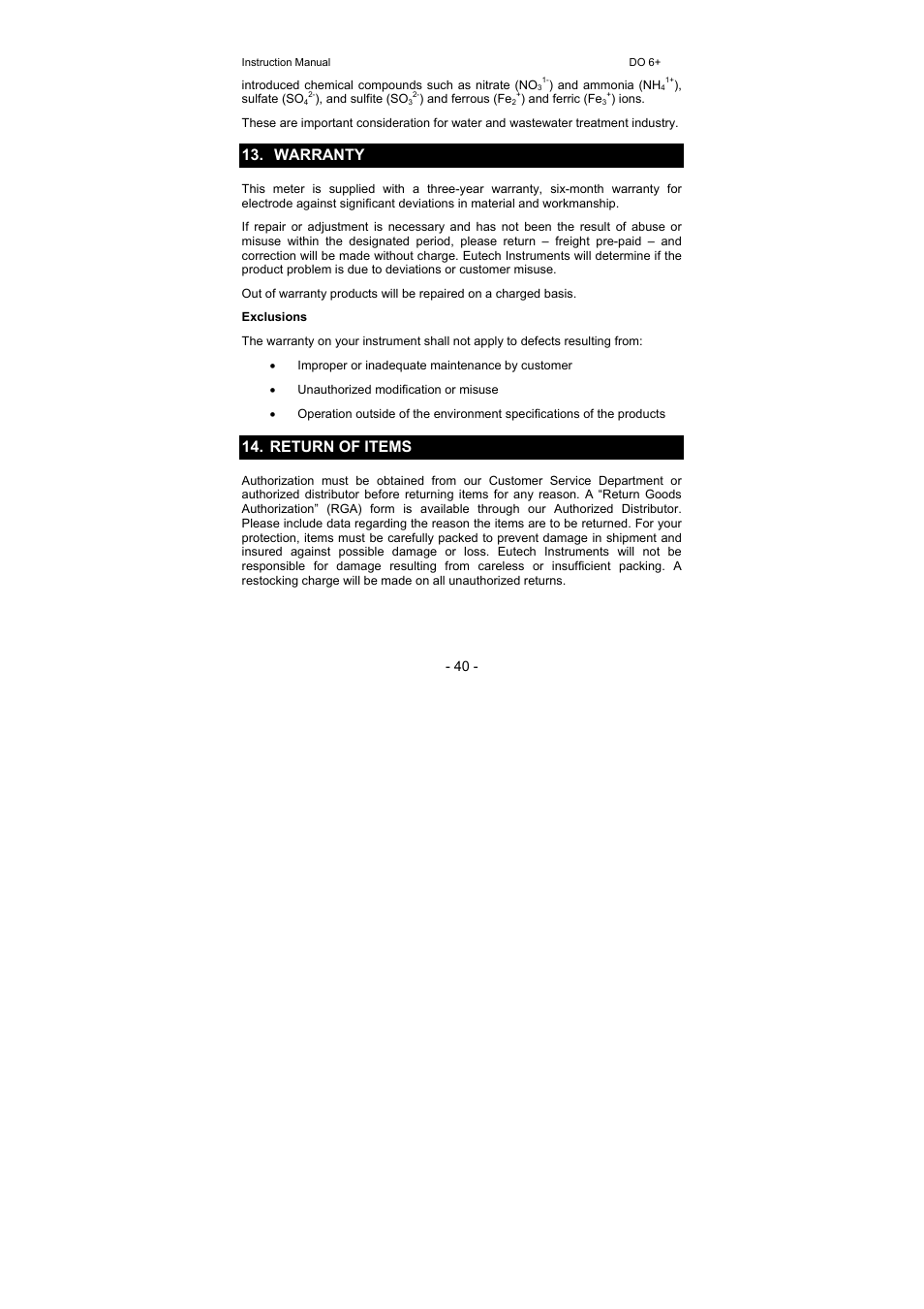Warranty, Return of items | Thermo Fisher Scientific Eutech DO 6 Plus User Manual | Page 46 / 48