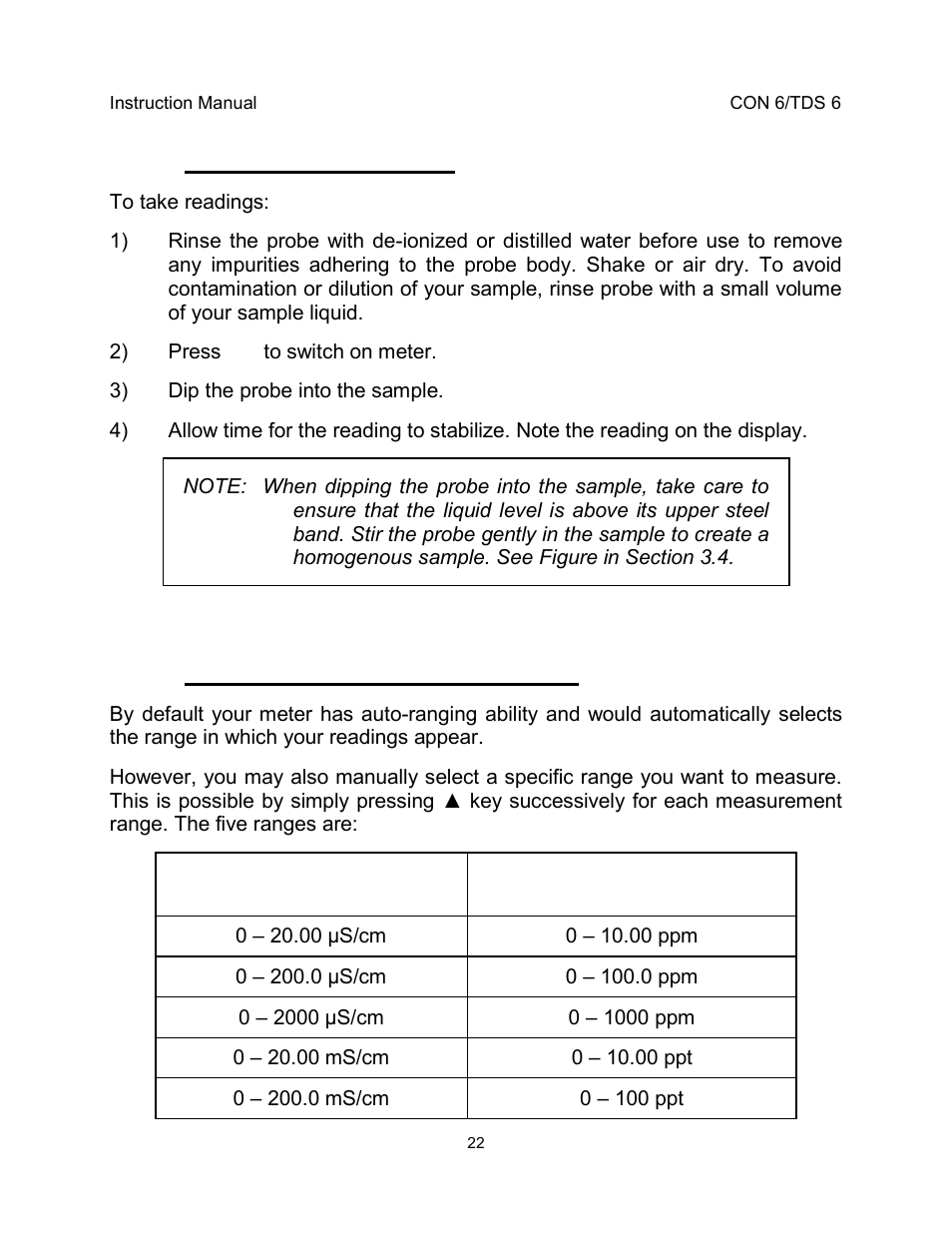 3 taking measurements, 4 using manual ranging function | Thermo Fisher Scientific EcoScan CON 6 & TDS 6 User Manual | Page 26 / 56
