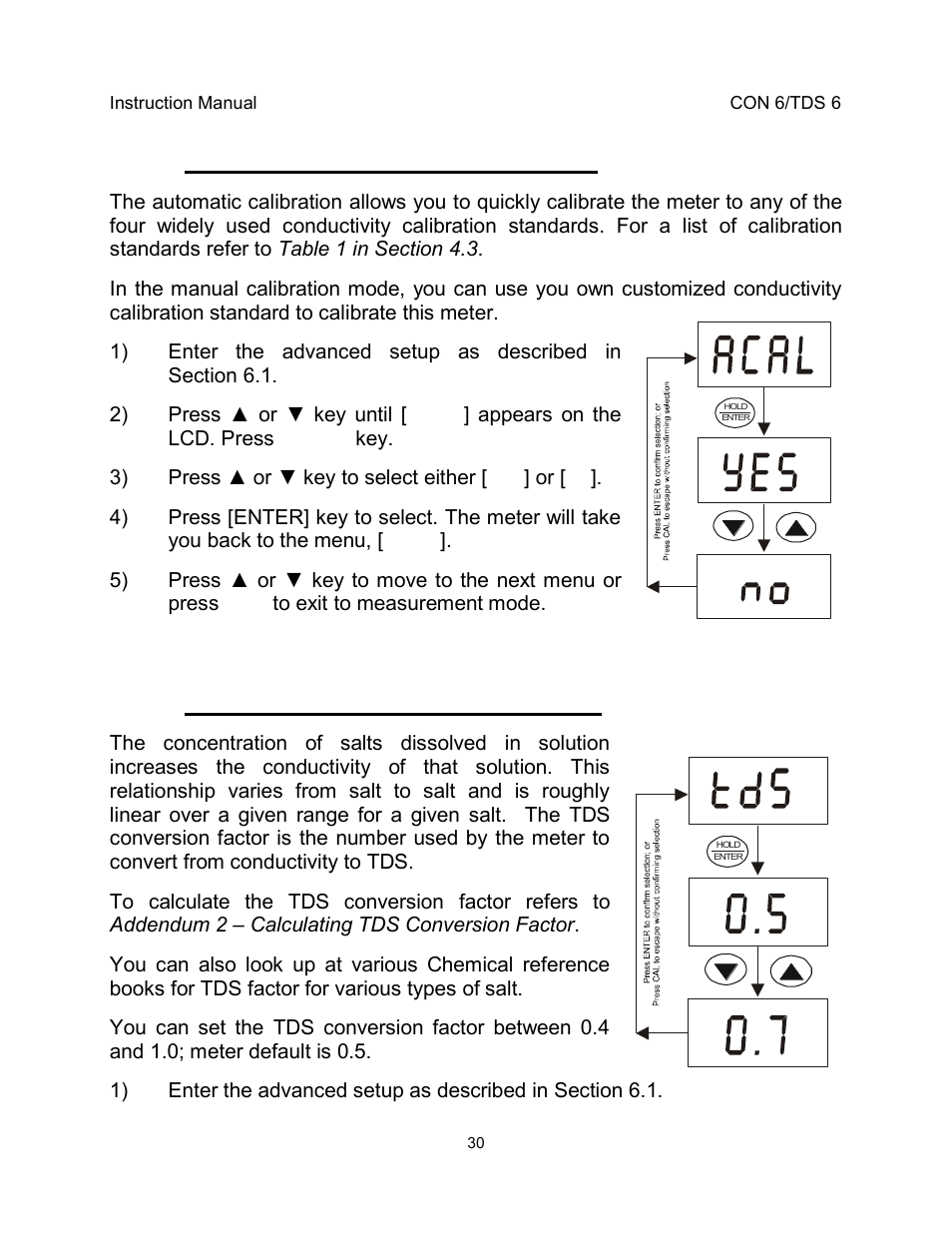 3 automatic calibration (for con 6), 4 setting the tds factor (for tds 6) | Thermo Fisher Scientific EcoScan CON 6 & TDS 6 User Manual | Page 34 / 56