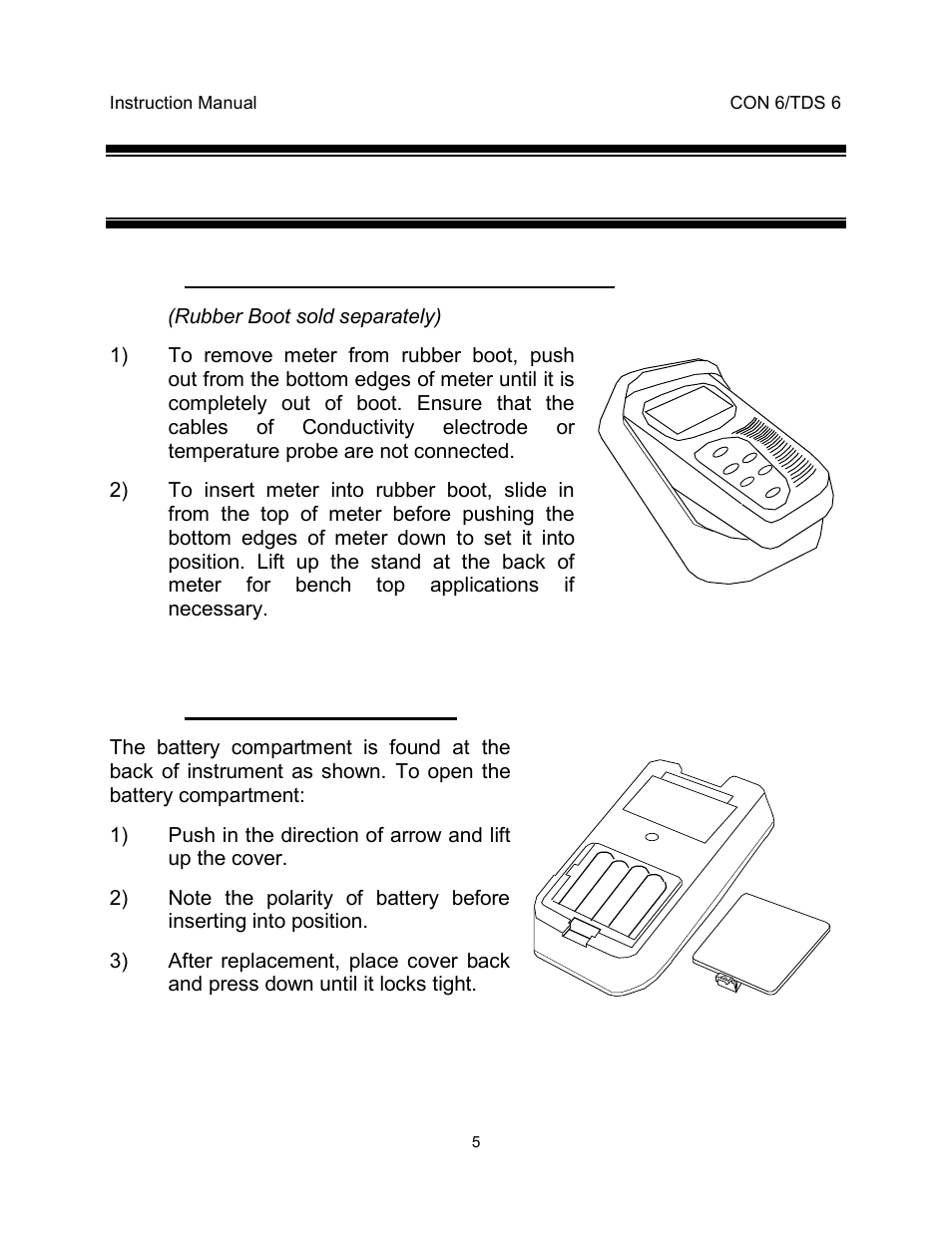 3preparation 3.1 inserting & removing rubber boot, 2 inserting the batteries | Thermo Fisher Scientific EcoScan CON 6 & TDS 6 User Manual | Page 9 / 56