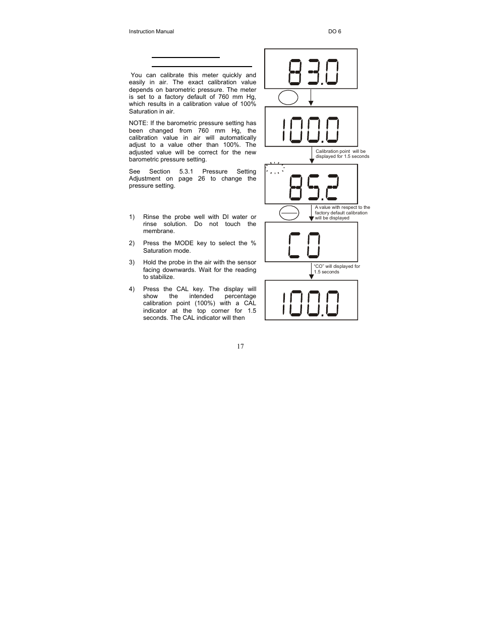 4 dissolved oxygen calibration in % saturation | Thermo Fisher Scientific EcoScan DO 6 User Manual | Page 25 / 80