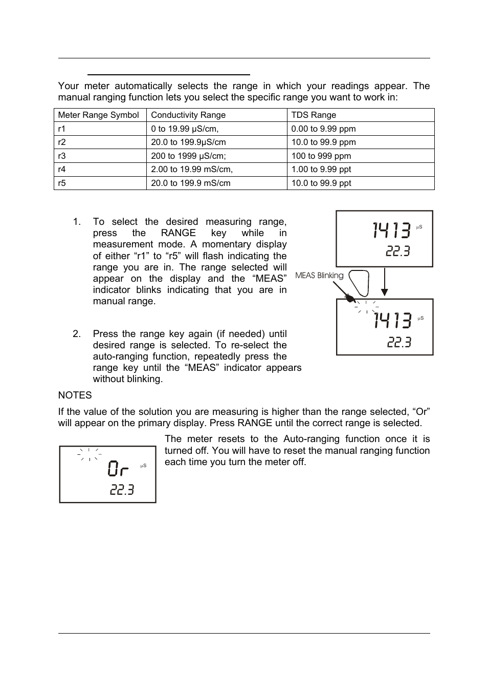 4 using manual ranging function | Thermo Fisher Scientific CyberScan CON 11/CON 110 User Manual | Page 28 / 80