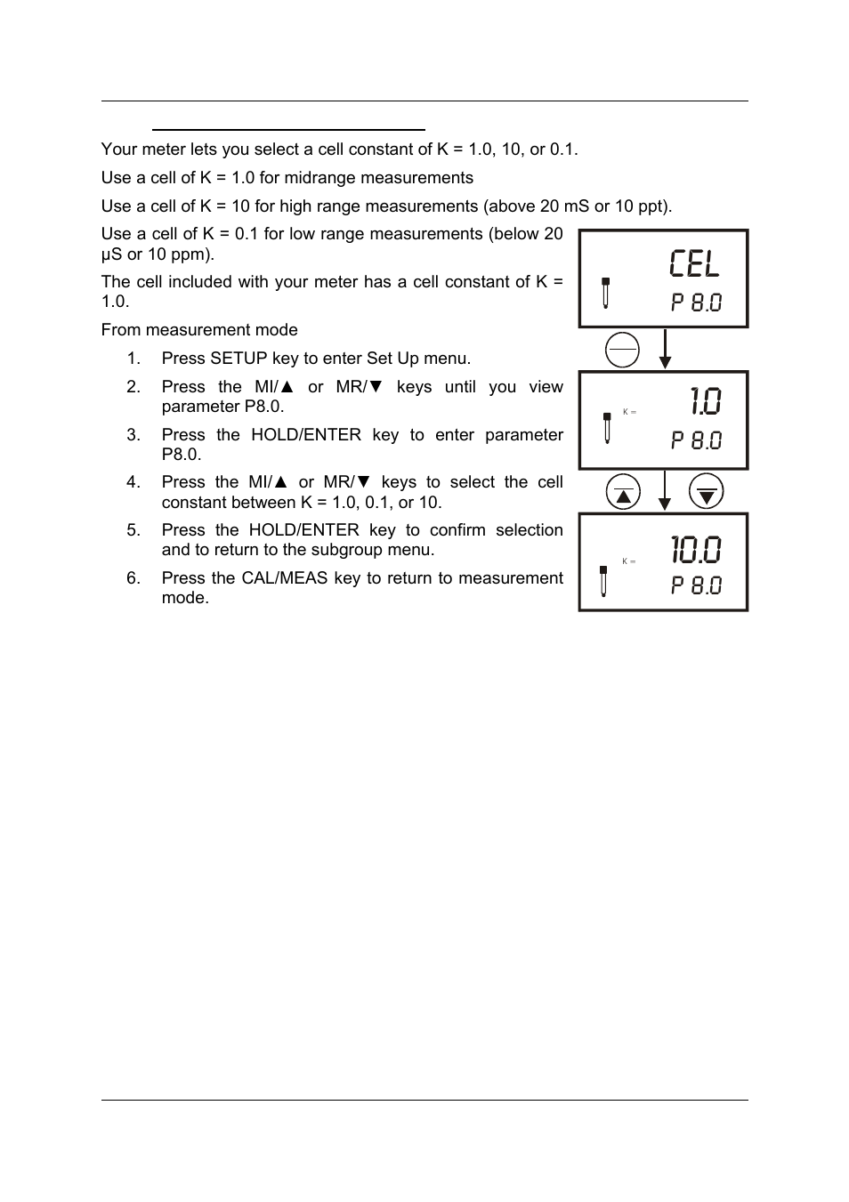 Cel 1.0, P 8.0 | Thermo Fisher Scientific CyberScan CON 11/CON 110 User Manual | Page 54 / 80