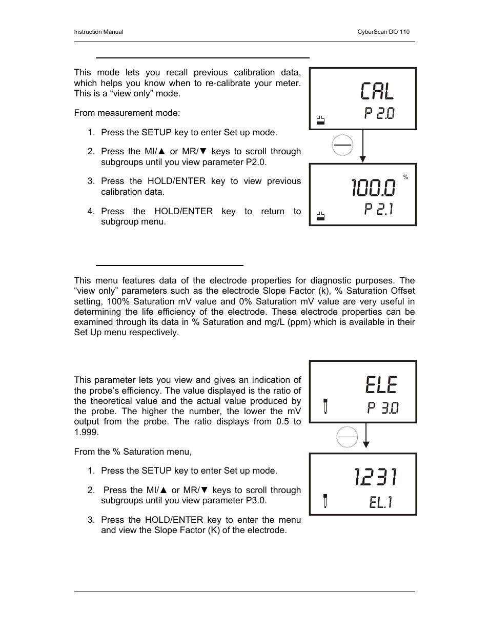 Cal 100.0, P 2.0, P 2.1 | El.1, P 3.0 | Thermo Fisher Scientific CyberScan DO 110 User Manual | Page 31 / 60