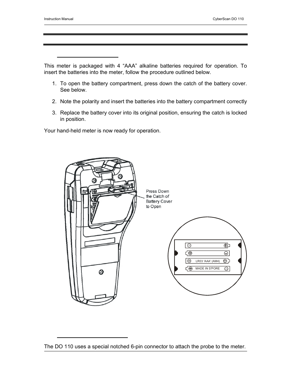 3 preparation, Inserting the batteries, Connecting the do probe | Thermo Fisher Scientific CyberScan DO 110 User Manual | Page 9 / 60