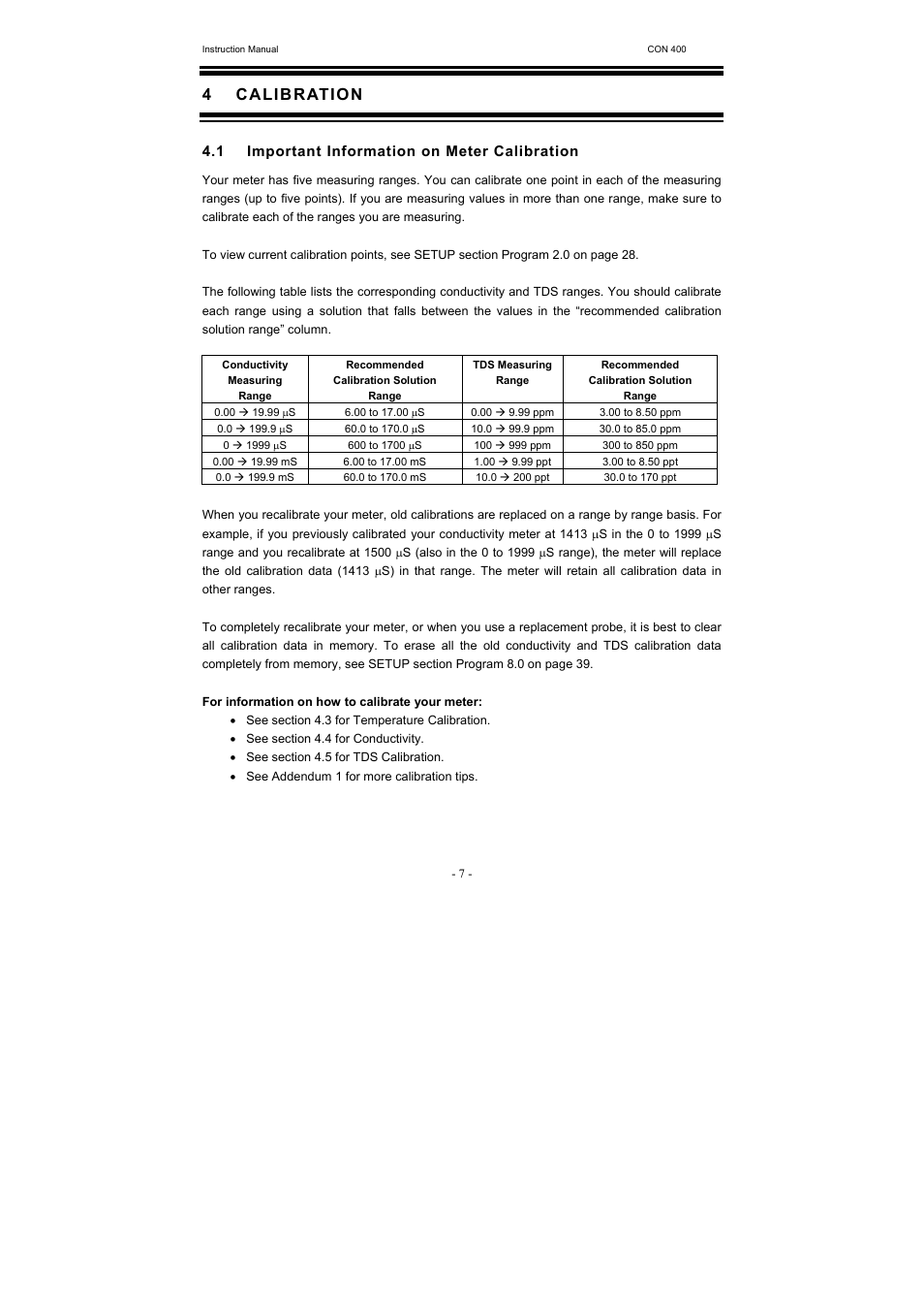 4 calibration, 1 important information on meter calibration | Thermo Fisher Scientific CyberScan CON 400 (For units manufactured from March 2010 onwards) User Manual | Page 13 / 60