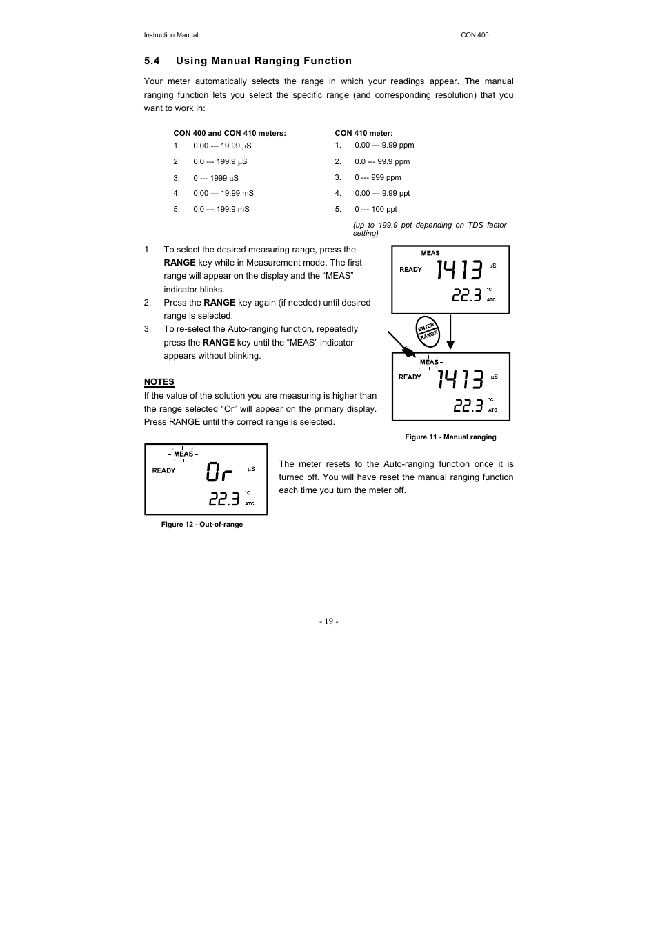 4 using manual ranging function | Thermo Fisher Scientific CyberScan CON 400 (For units manufactured from March 2010 onwards) User Manual | Page 25 / 60