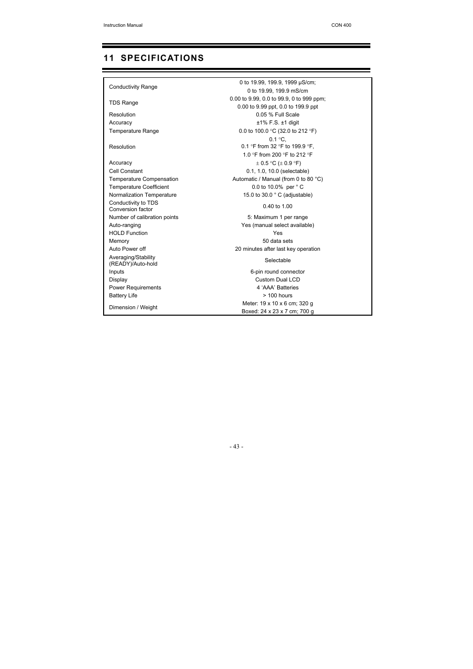11 specifications | Thermo Fisher Scientific CyberScan CON 400 (For units manufactured from March 2010 onwards) User Manual | Page 49 / 60