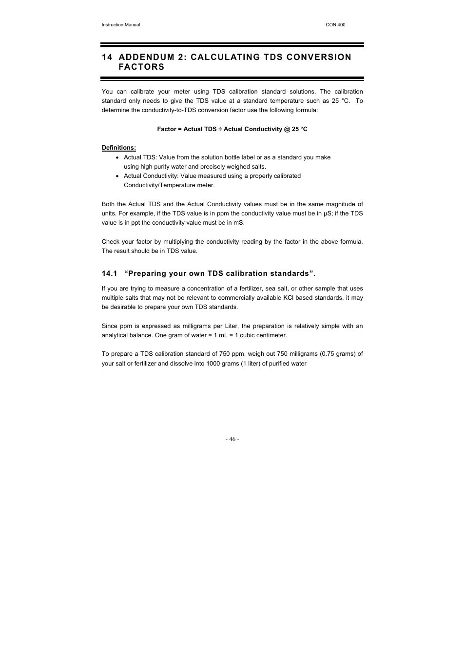 14 addendum 2: calculating tds conversion factors | Thermo Fisher Scientific CyberScan CON 400 (For units manufactured from March 2010 onwards) User Manual | Page 52 / 60