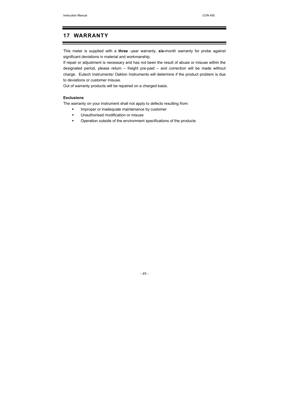 17 warranty | Thermo Fisher Scientific CyberScan CON 400 (For units manufactured from March 2010 onwards) User Manual | Page 55 / 60