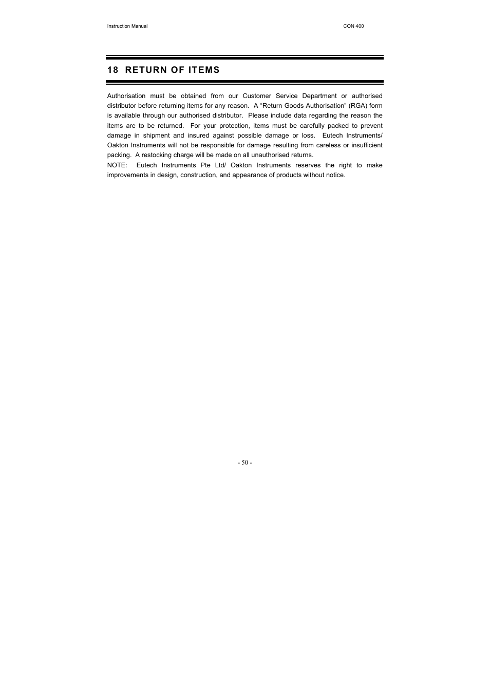 18 return of items | Thermo Fisher Scientific CyberScan CON 400 (For units manufactured from March 2010 onwards) User Manual | Page 56 / 60