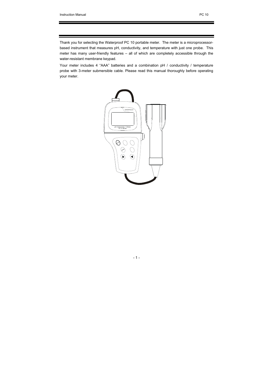 Instruction manual pc 10, Figure 1: waterproof pc 10 portable meter | Thermo Fisher Scientific CyberScan PC 10 User Manual | Page 5 / 31