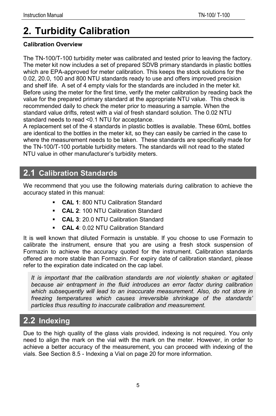 Turbidity calibration, 1 calibration standards, 2 indexing | Calibration standards, Indexing | Thermo Fisher Scientific TN100 Turbidimeter User Manual | Page 10 / 31