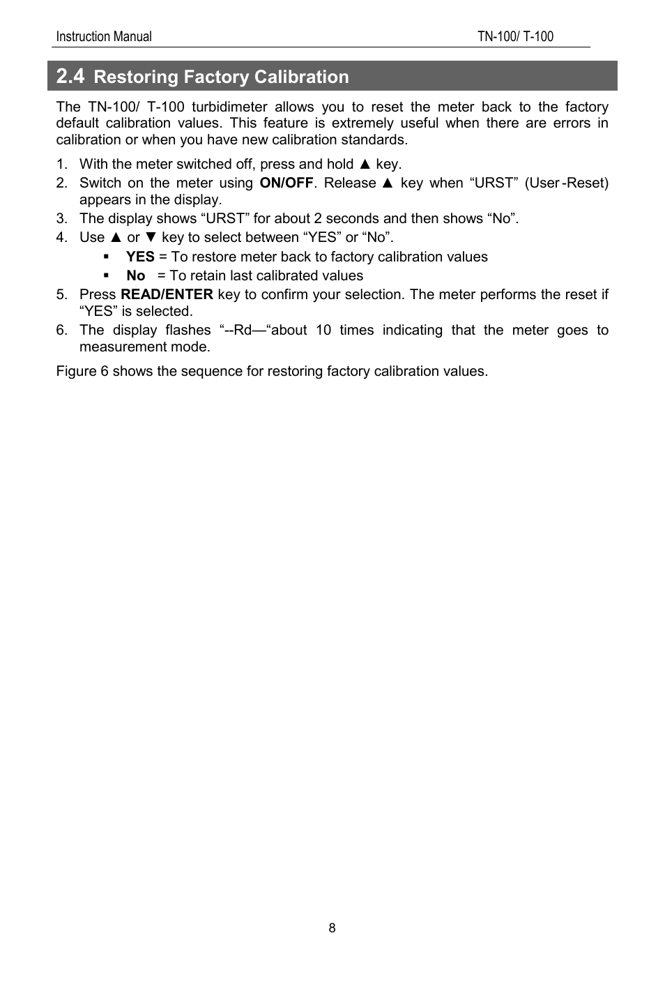 4 restoring factory calibration, Restoring factory calibration | Thermo Fisher Scientific TN100 Turbidimeter User Manual | Page 13 / 31
