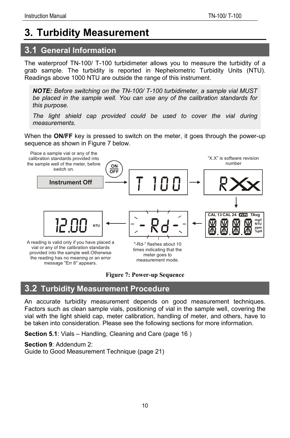 Turbidity measurement, 1 general information, 2 turbidity measurement procedure | General information, Turbidity measurement procedure | Thermo Fisher Scientific TN100 Turbidimeter User Manual | Page 15 / 31