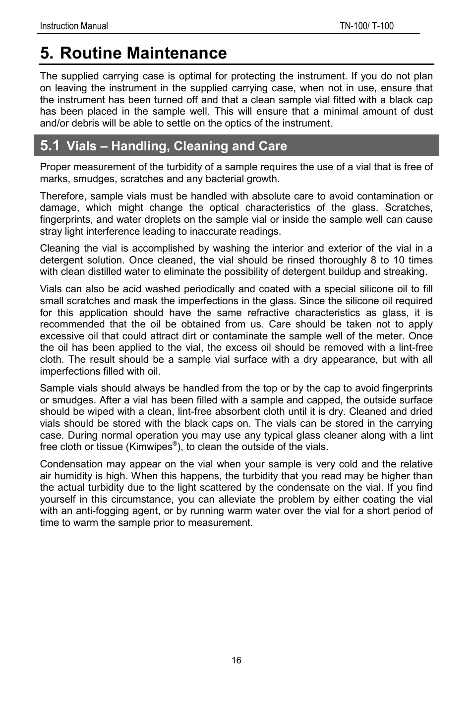 Routine maintenance, 1 vials – handling, cleaning and care, On 5.1 : vials – handling, cleaning and care | E 16, Vials – handling, cleaning and care | Thermo Fisher Scientific TN100 Turbidimeter User Manual | Page 21 / 31