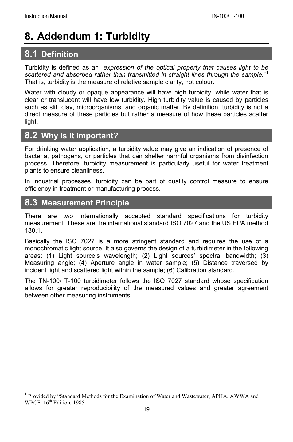Addendum 1: turbidity, 1 definition, 2 why is it important | 3 measurement principle, Measurement principle, E 19), Definition, Why is it important | Thermo Fisher Scientific TN100 Turbidimeter User Manual | Page 24 / 31