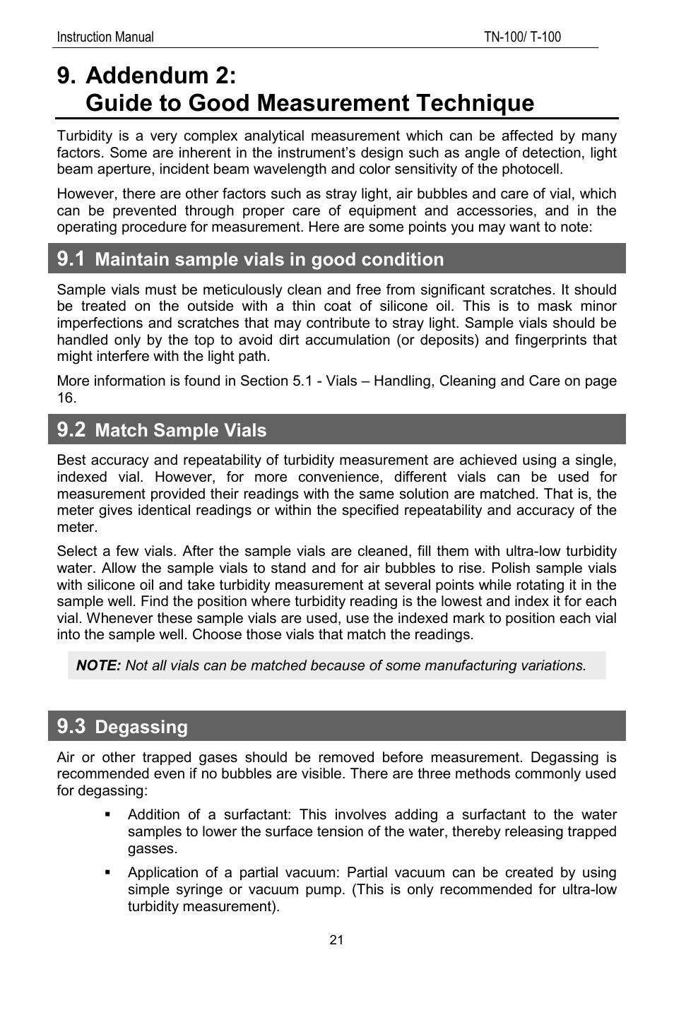 Addendum 2: guide to good measurement technique, 1 maintain sample vials in good condition, 2 match sample vials | 3 degassing, Addendum 2, Guide to good measurement technique, Maintain sample vials in good condition, Match sample vials, Degassing | Thermo Fisher Scientific TN100 Turbidimeter User Manual | Page 26 / 31
