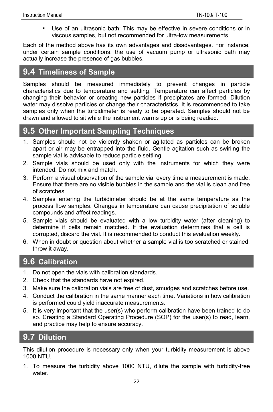 4 timeliness of sample, 5 other important sampling techniques, 6 calibration | 7 dilution, Age 22, Timeliness of sample, Other important sampling techniques, Calibration, Dilution | Thermo Fisher Scientific TN100 Turbidimeter User Manual | Page 27 / 31