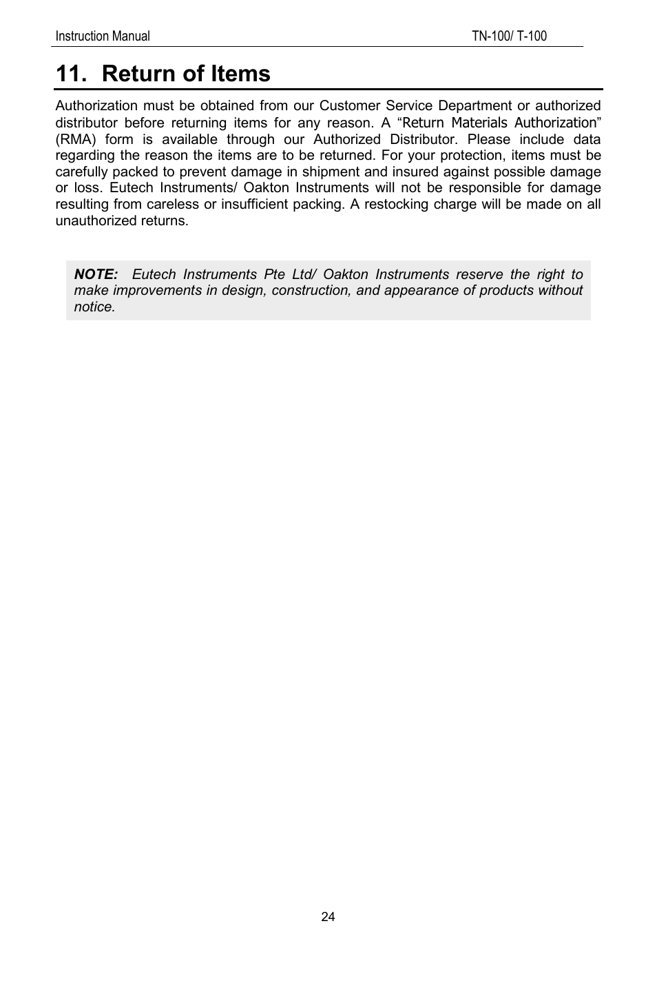 Return of items, And return, Of items | E 24 | Thermo Fisher Scientific TN100 Turbidimeter User Manual | Page 29 / 31