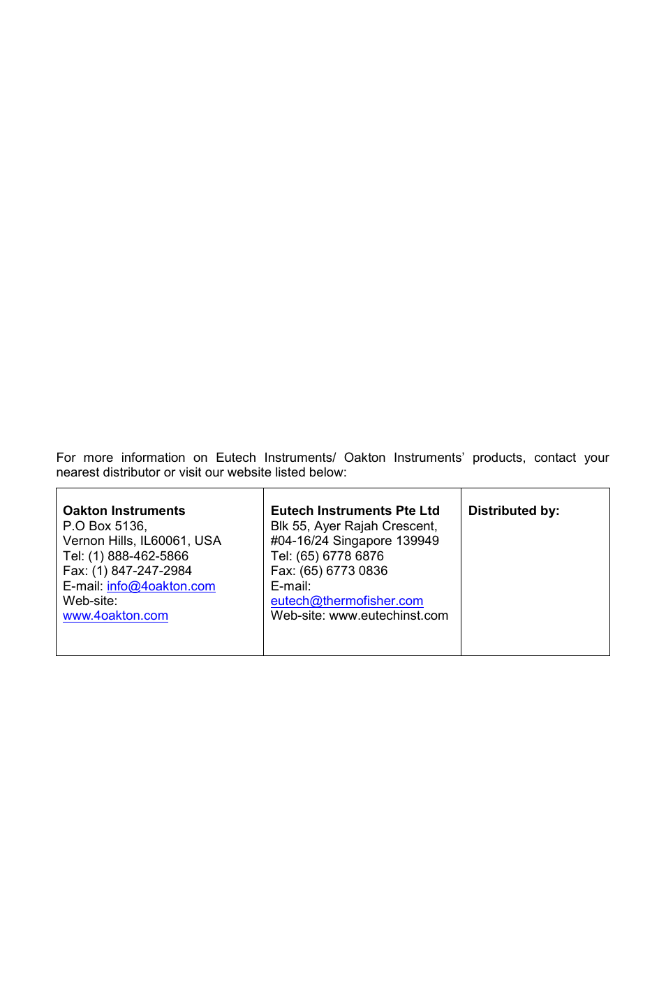 E-mail: info@4oakton.com, Web-site, Www.4oakton.com | Thermo Fisher Scientific TN100 Turbidimeter User Manual | Page 31 / 31