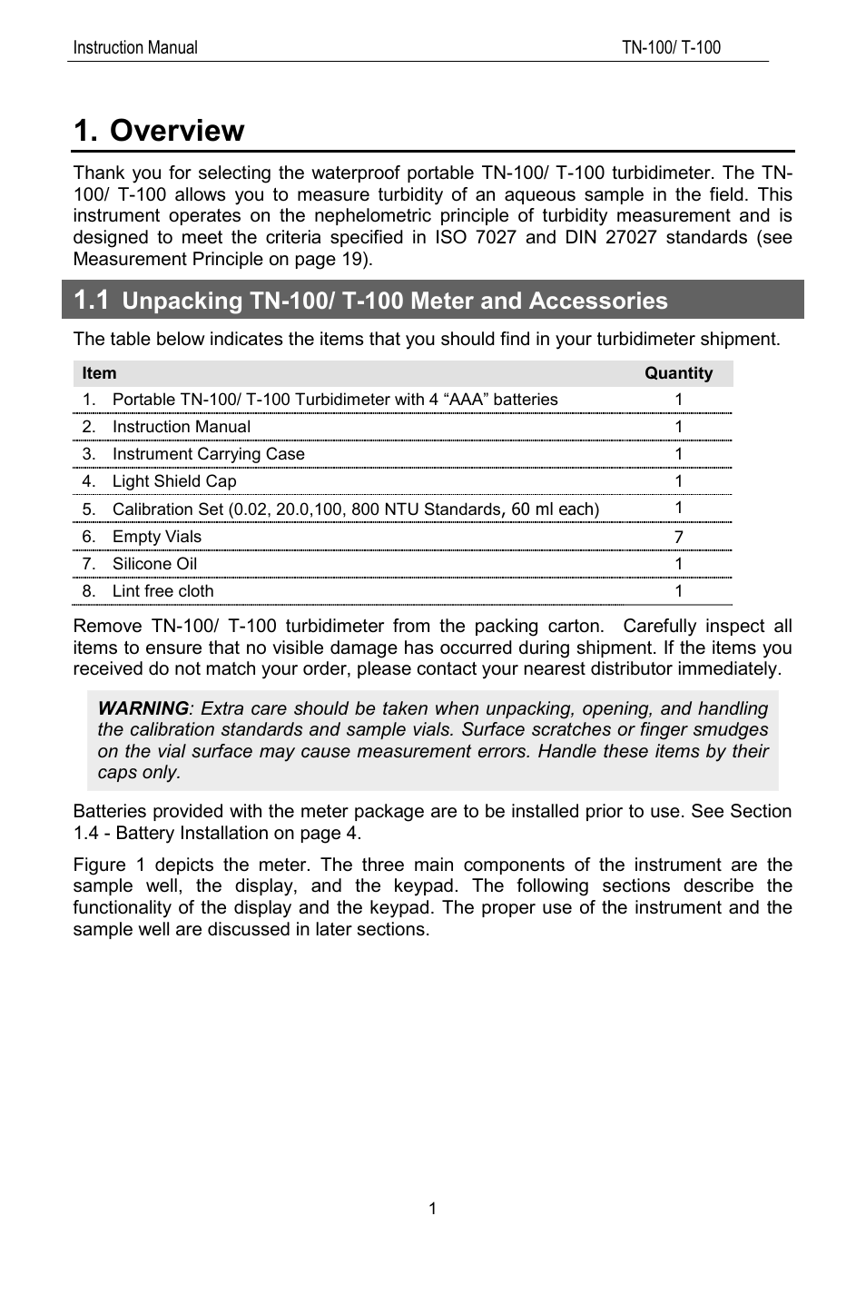 Overview, 1 unpacking tn-100/ t-100 meter and accessories | Thermo Fisher Scientific TN100 Turbidimeter User Manual | Page 6 / 31