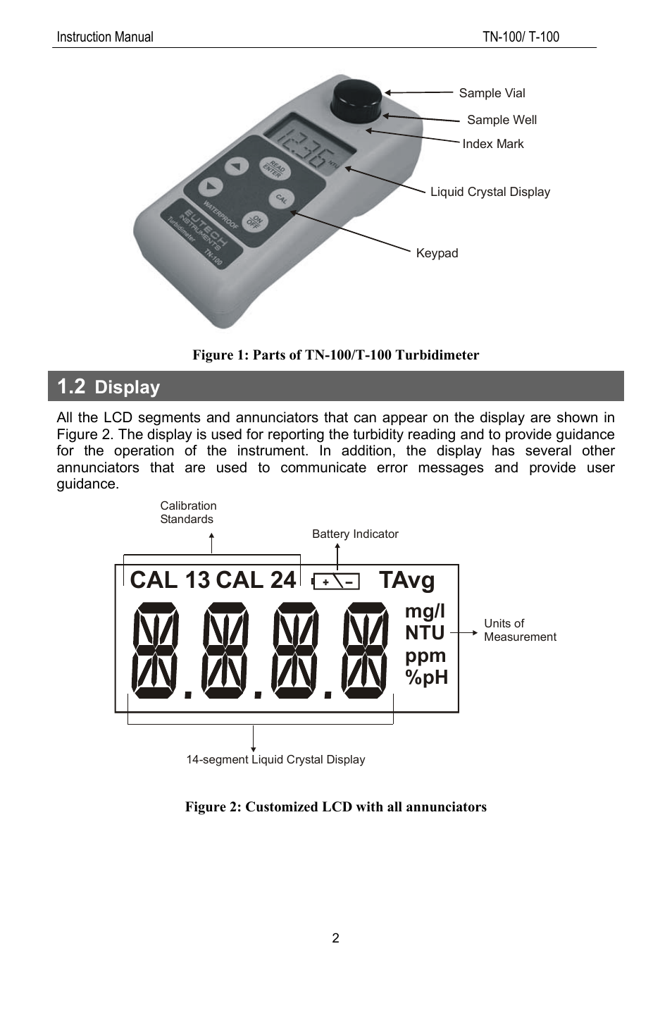 2 display, Figure 1, Cal 13 cal 24 | Tavg, Mg/l ntu ppm %ph, Display | Thermo Fisher Scientific TN100 Turbidimeter User Manual | Page 7 / 31
