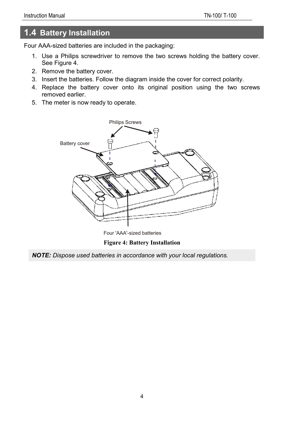 4 battery installation, Battery installation | Thermo Fisher Scientific TN100 Turbidimeter User Manual | Page 9 / 31