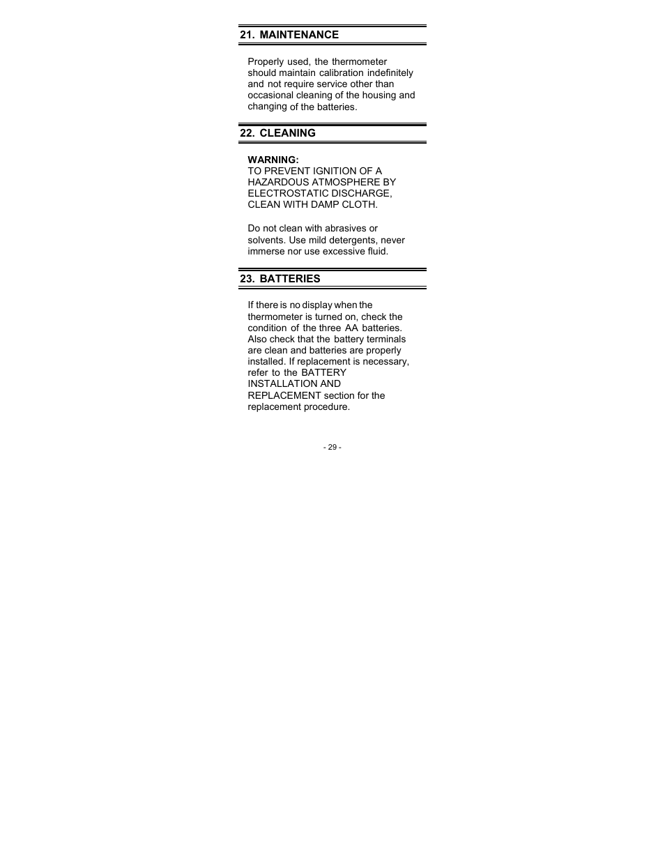 Maintenance 22. cleaning 23. batteries | Thermo Fisher Scientific Thermo Scientific Temp 360 User Manual | Page 33 / 44