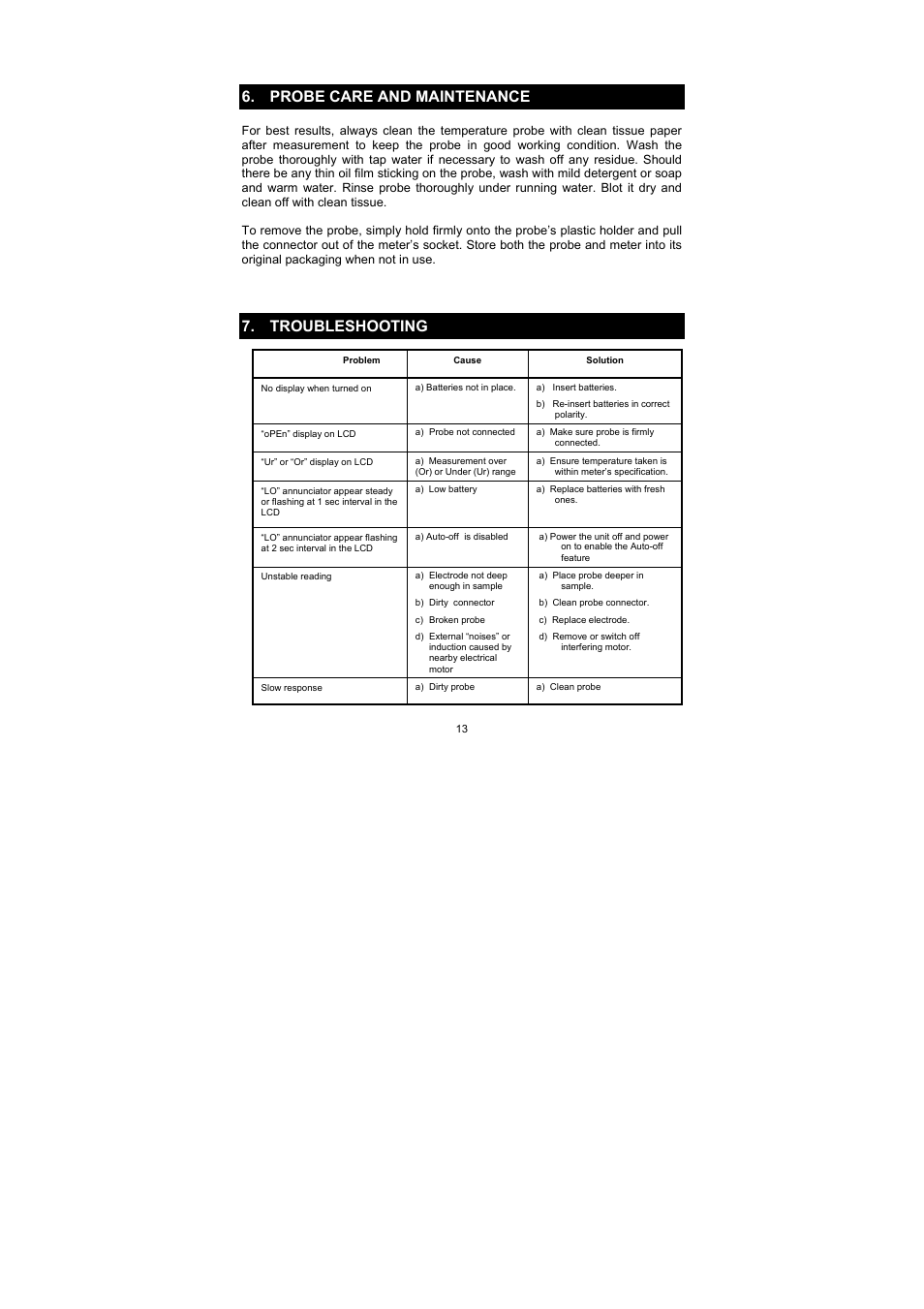 Probe care and maintenance, Troubleshooting | Thermo Fisher Scientific EcoScan Temp 4/5/6 User Manual | Page 17 / 24