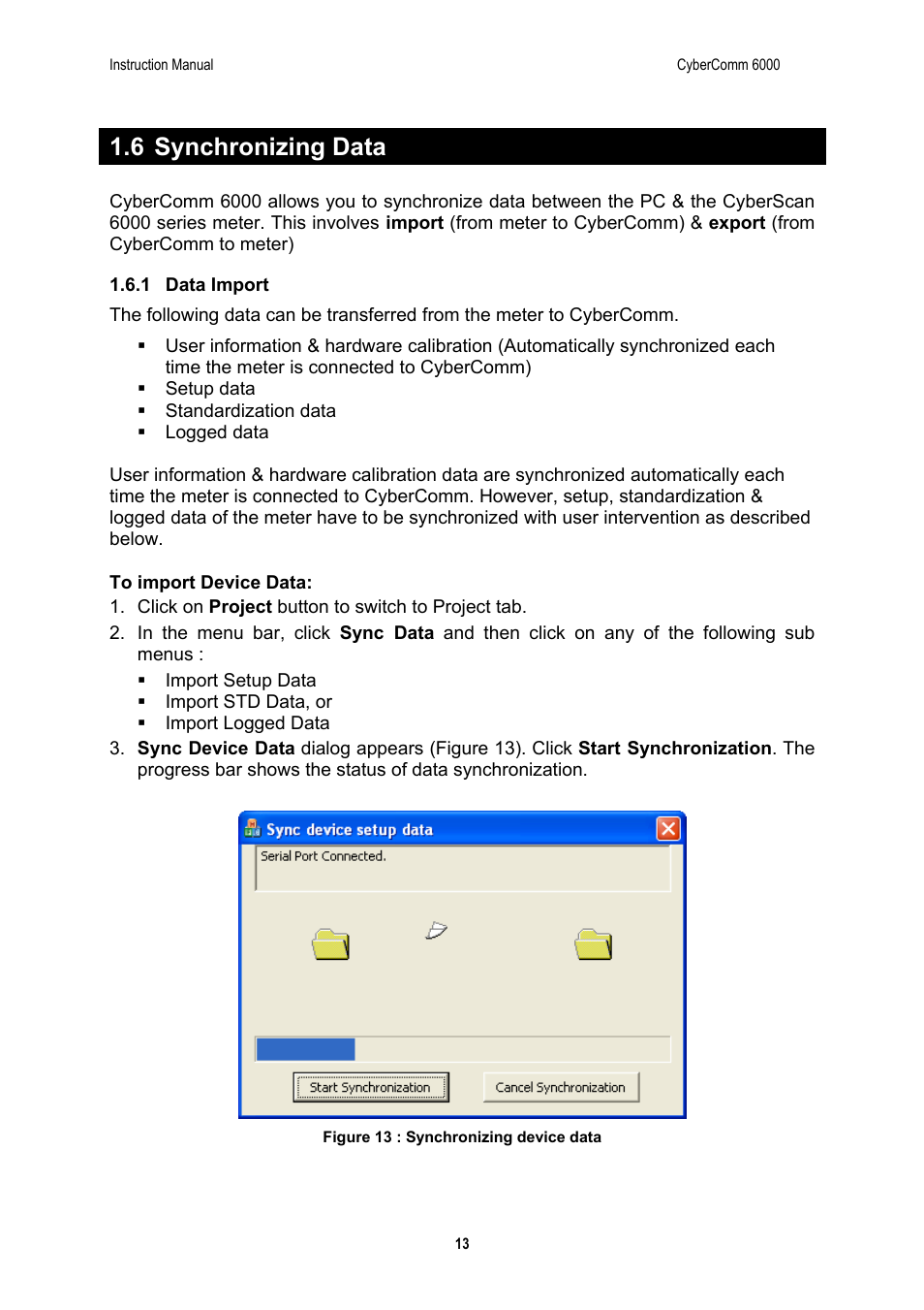 6 synchronizing data | Thermo Fisher Scientific CyberComm 6000 for CyberScan Series 6000 User Manual | Page 19 / 68