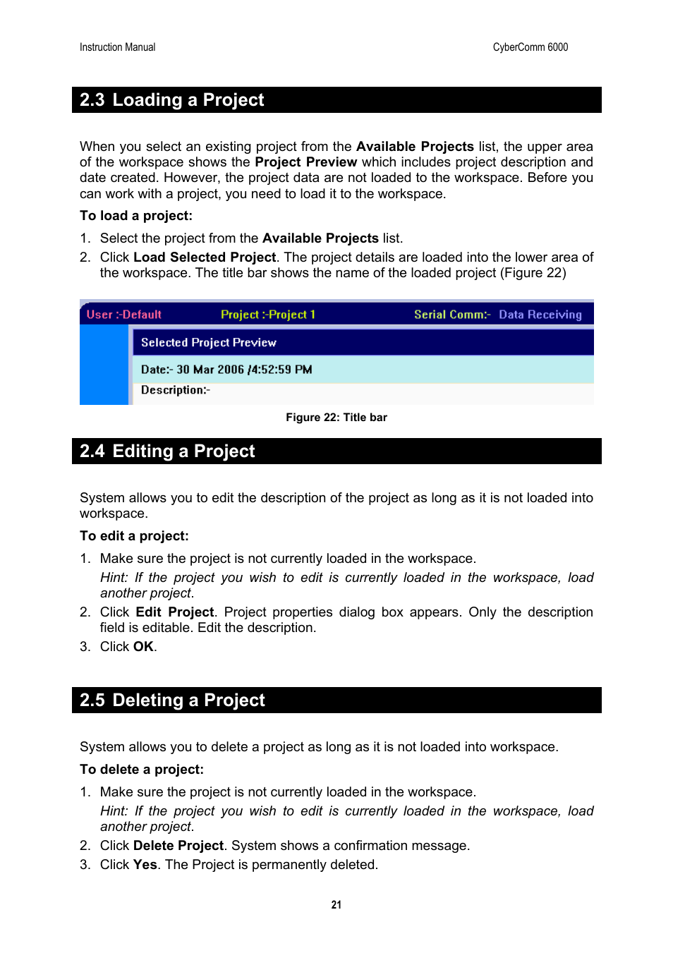 3 loading a project, 4 editing a project, 5 deleting a project | Thermo Fisher Scientific CyberComm 6000 for CyberScan Series 6000 User Manual | Page 27 / 68