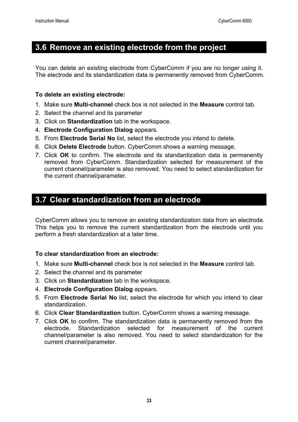 6 remove an existing electrode from the project, 7 clear standardization from an electrode | Thermo Fisher Scientific CyberComm 6000 for CyberScan Series 6000 User Manual | Page 39 / 68