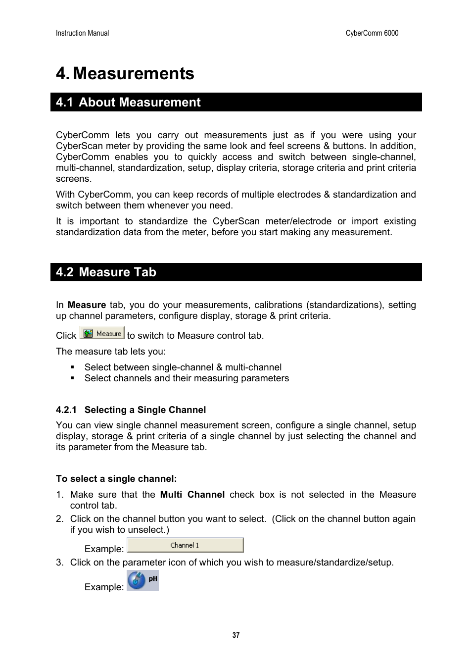 Measurements, 1 about measurement, 2 measure tab | Thermo Fisher Scientific CyberComm 6000 for CyberScan Series 6000 User Manual | Page 43 / 68