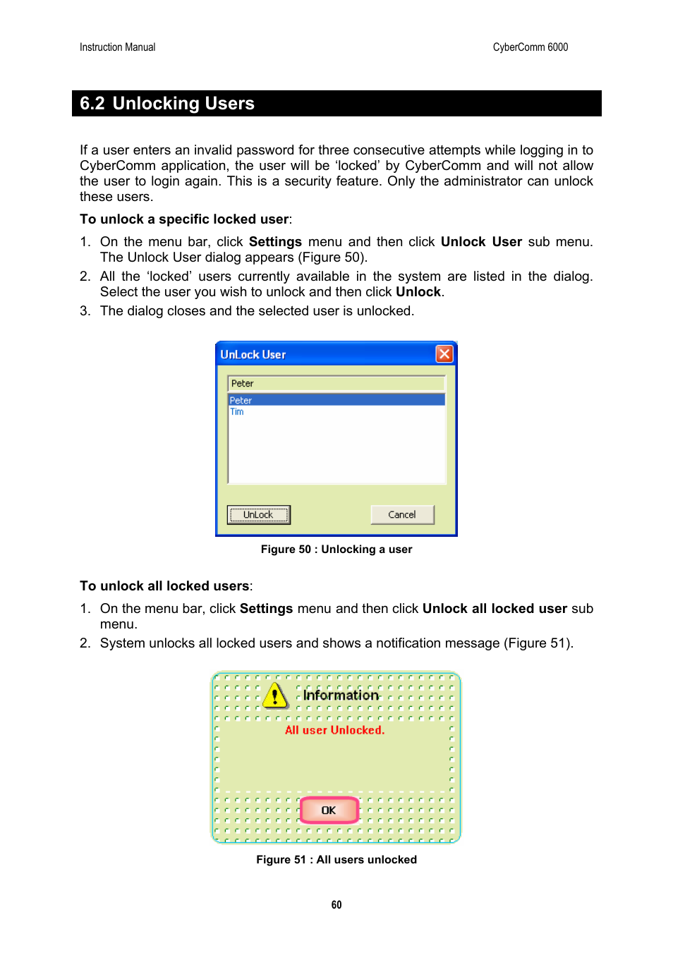 2 unlocking users | Thermo Fisher Scientific CyberComm 6000 for CyberScan Series 6000 User Manual | Page 66 / 68