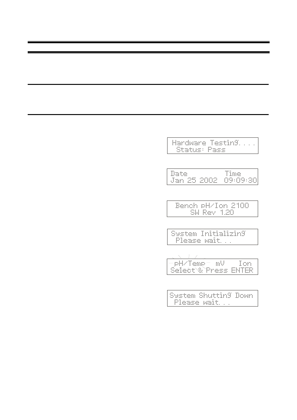 Hardware testing. . . . status: pass, Ph/temp mv ion select & press enter | Thermo Fisher Scientific CyberScan pH 1100/pH 2100 User Manual | Page 10 / 64