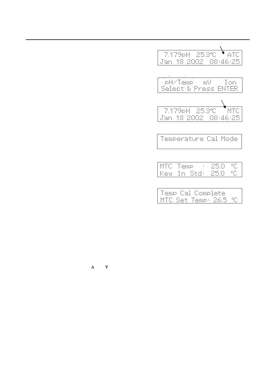 Ph/temp mv ion select & press enter, Temp cal complete mtc set temp: 26.5 c | Thermo Fisher Scientific CyberScan pH 1100/pH 2100 User Manual | Page 16 / 64