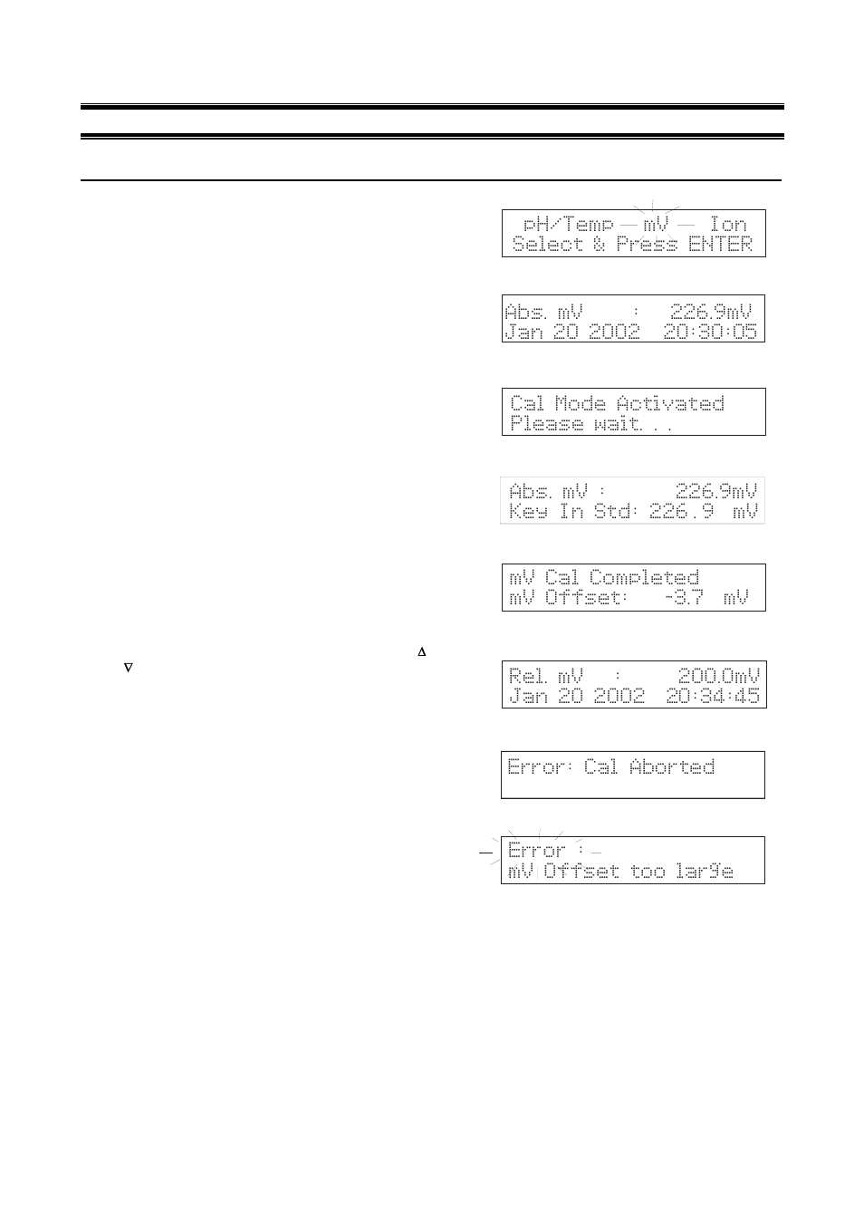 Mv cal completed mv offset: -3.7 mv, Error : mv offset too large, 4mv calibration and measurement | Thermo Fisher Scientific CyberScan pH 1100/pH 2100 User Manual | Page 18 / 64