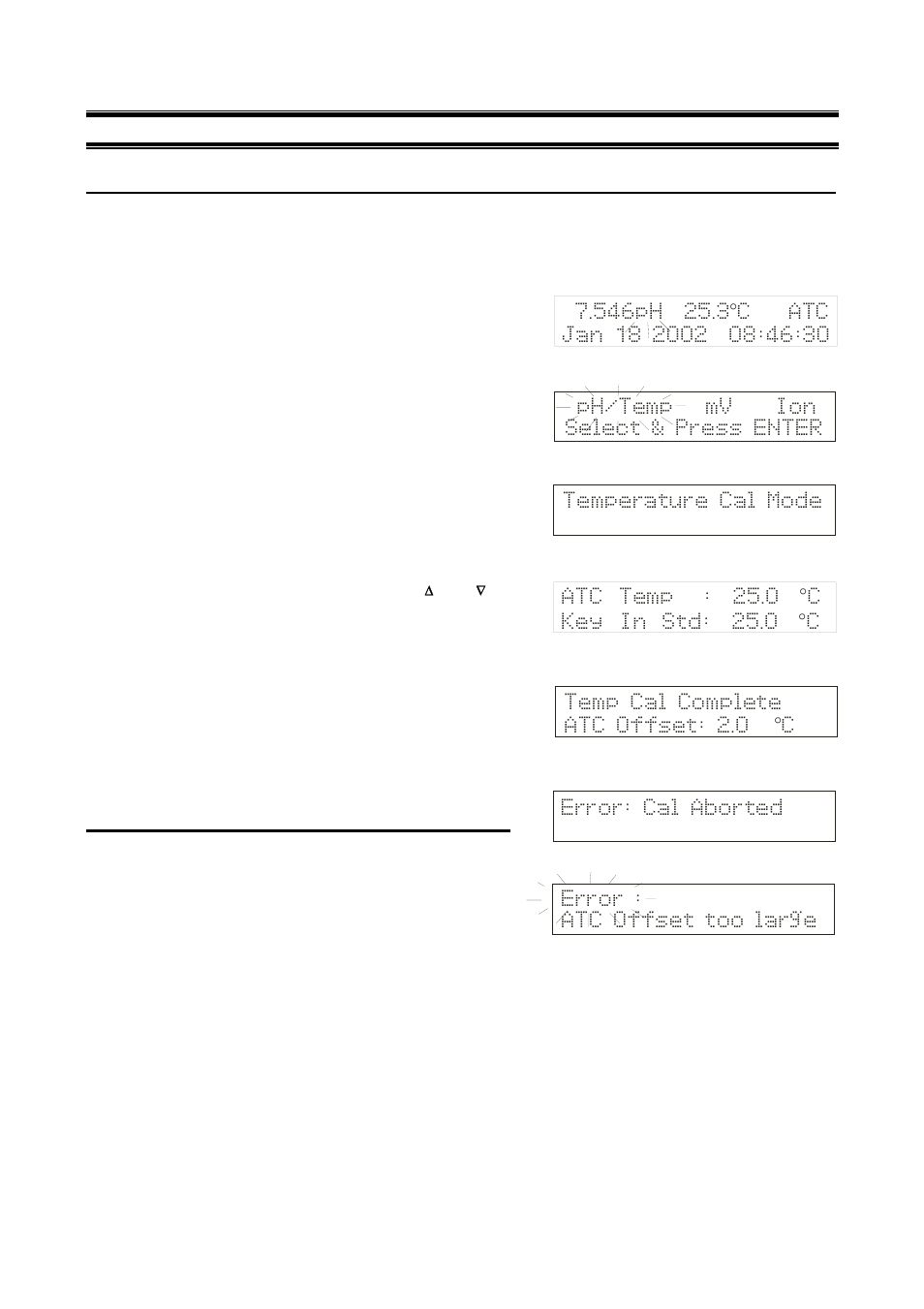 Temperature cal mode error: cal aborted, Ph/temp mv ion select & press enter, Temp cal complete atc offset: 2.0 c | Thermo Fisher Scientific CyberScan pH 1100/pH 2100 User Manual | Page 26 / 64