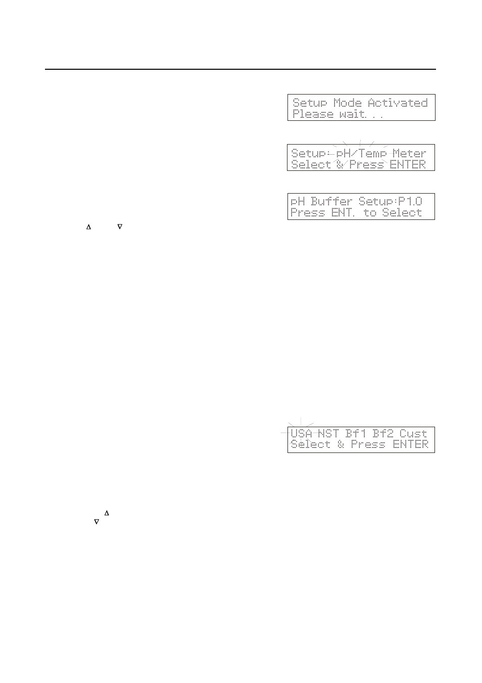Setup mode activated please wait, Usa nst bf1 bf2 cust select & press enter | Thermo Fisher Scientific CyberScan pH 1100/pH 2100 User Manual | Page 30 / 64