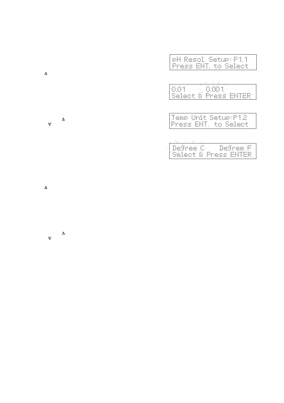 Degree c degree f select & press enter, Temp unit setup:p1.2 press ent. to select, Ph resol. setup: p1.1 press ent. to select | Thermo Fisher Scientific CyberScan pH 1100/pH 2100 User Manual | Page 31 / 64