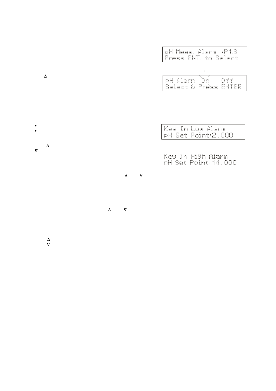 Key in low alarm ph set point:2 . 000, Ph meas. alarm :p1.3 press ent. to select, Ph alarm on select & press enter | Thermo Fisher Scientific CyberScan pH 1100/pH 2100 User Manual | Page 32 / 64
