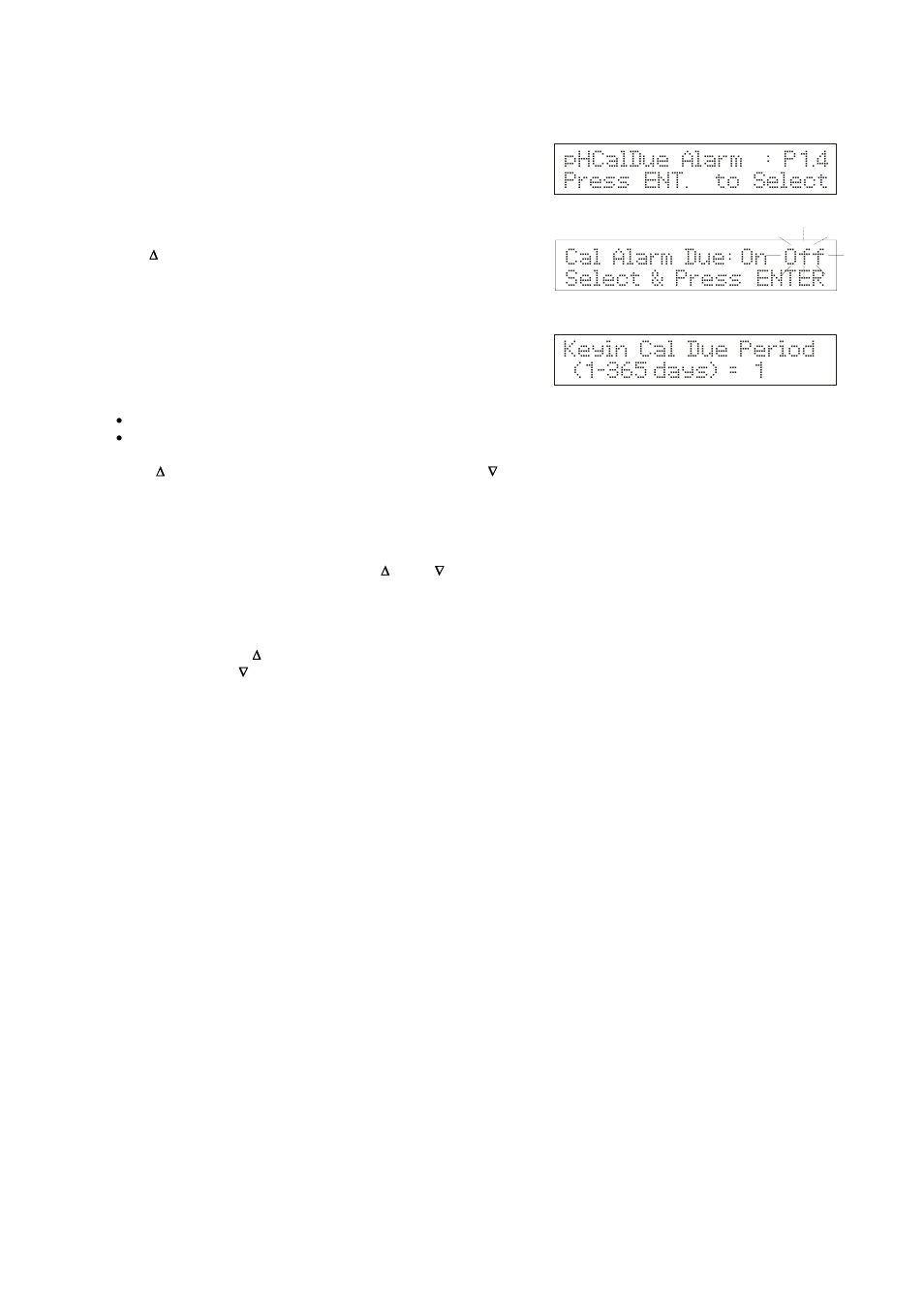 Cal alarm due: on select & press enter, Off phcaldue alarm : p1.4 press ent. to select | Thermo Fisher Scientific CyberScan pH 1100/pH 2100 User Manual | Page 33 / 64