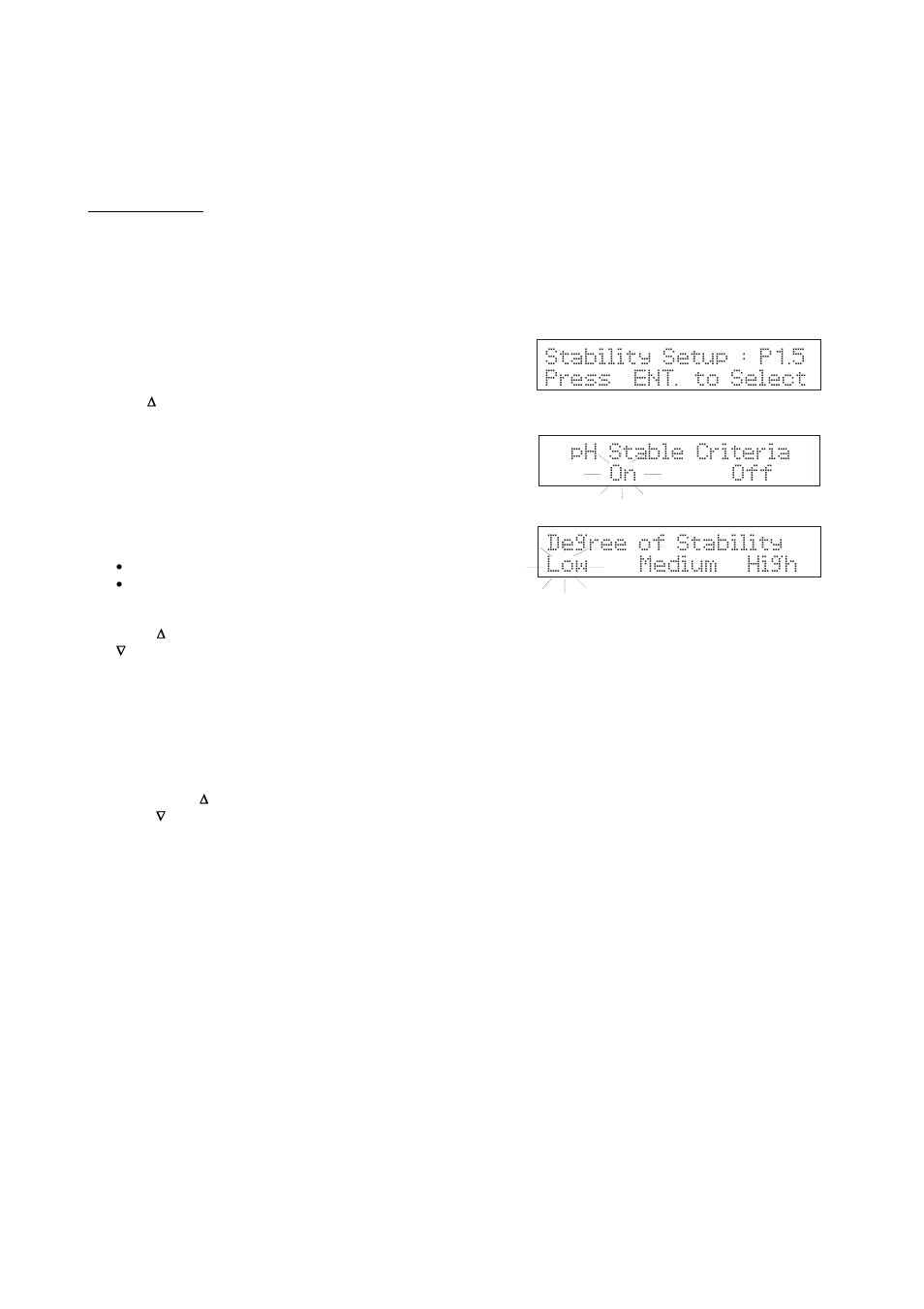 Degree of stability low medium high, Stability setup : p1.5 press ent. to select, Ph stable criteria on off | Thermo Fisher Scientific CyberScan pH 1100/pH 2100 User Manual | Page 34 / 64