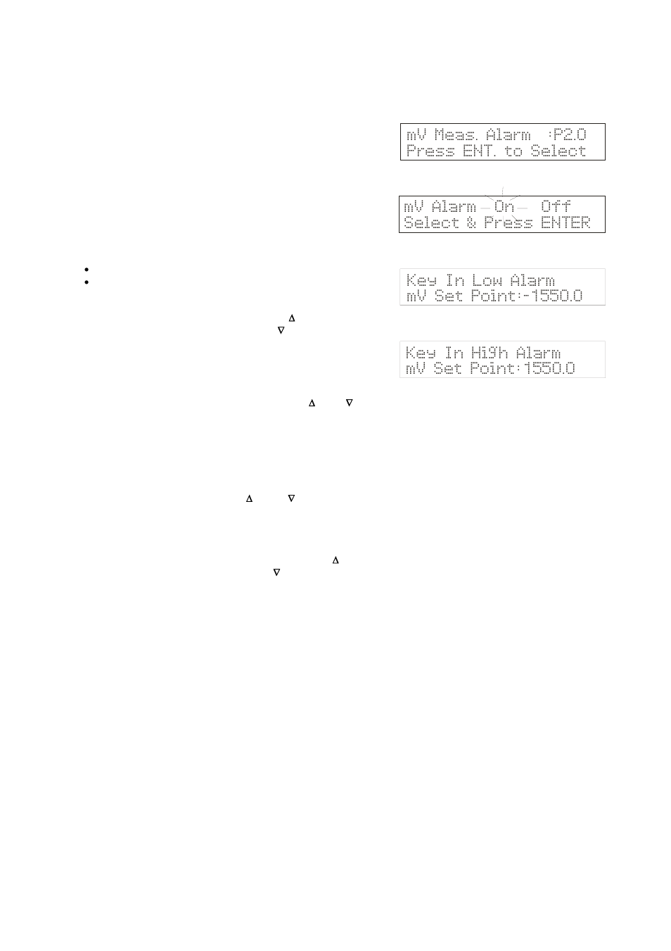 Mv meas. alarm :p2.0 press ent. to select | Thermo Fisher Scientific CyberScan pH 1100/pH 2100 User Manual | Page 38 / 64