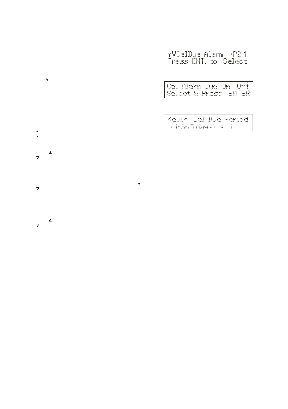 Cal alarm due on off select & press enter, Mvcaldue alarm :p2.1 press ent. to select | Thermo Fisher Scientific CyberScan pH 1100/pH 2100 User Manual | Page 39 / 64