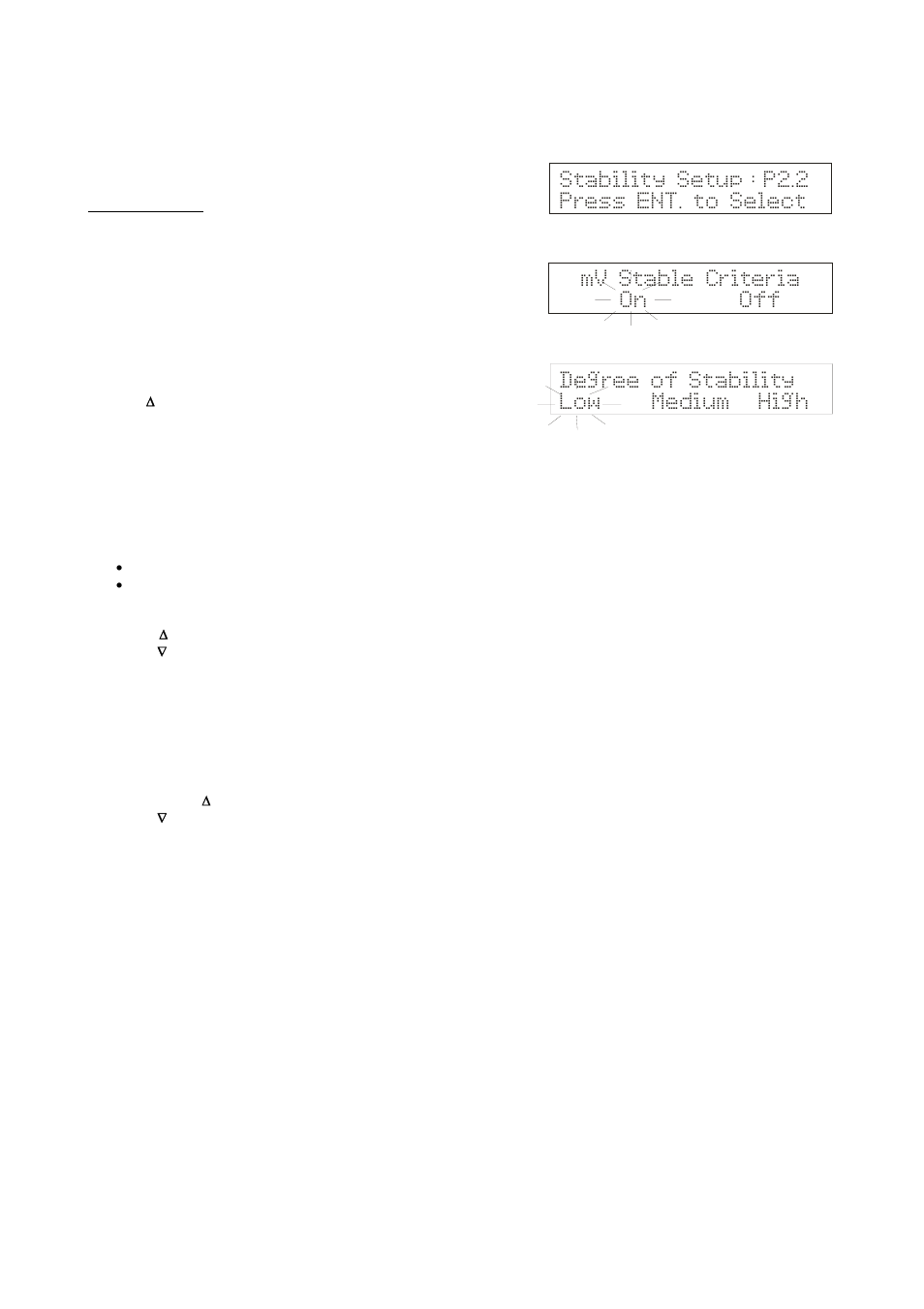 Degree of stability low medium high, Mv stable criteria on off, Stability setup : p2.2 press ent. to select | Thermo Fisher Scientific CyberScan pH 1100/pH 2100 User Manual | Page 40 / 64